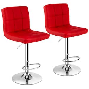 46 in. Red Low Back Metal Adjustable Height Bar Stool with Leather Seat (Set of 2)