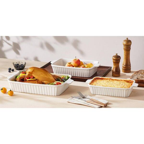 MALACASA 3-Piece White Rectangular Porcelain Baking Dish Set with