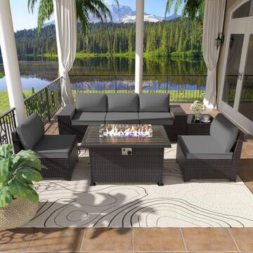 7-Piece Wicker Patio Conversation Set with 55000 BTU Gas Fire Pit Table and Glass Coffee Table and Grey Cushions