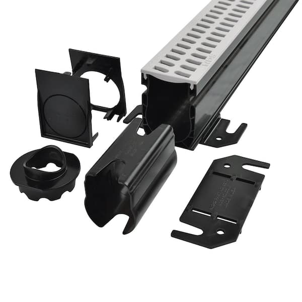 2-1/4 in. x 6 ft. Slim Channel Drain Kit Gray Grates, End Caps, Outlets, Coupling and Anchor Clips