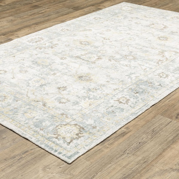 Wingate Ivory/Blue 6 ft. x 9 ft. Distressed Oriental Floral Hand-Loomed Viscose-Wool Blend Indoor Area Rug