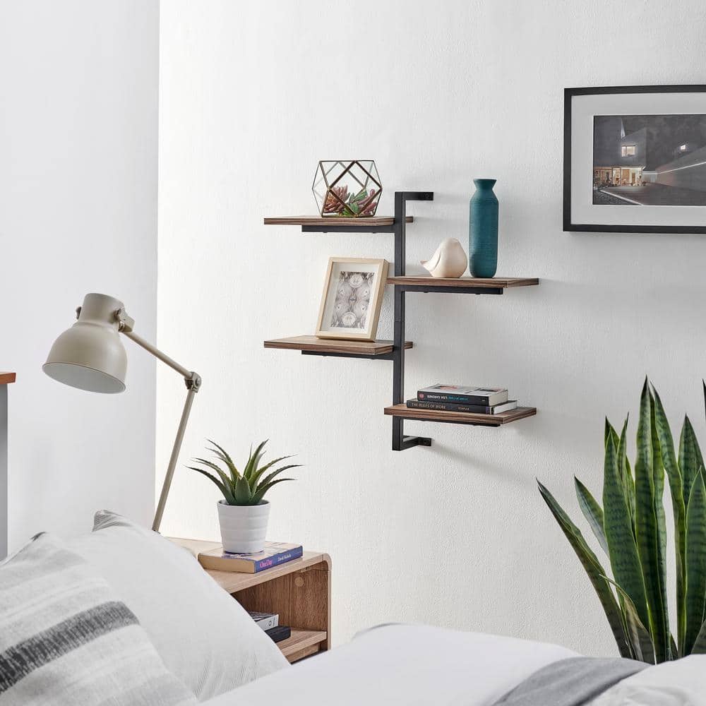 Black Iron and Wood 4-Tier Floating Wall Shelf