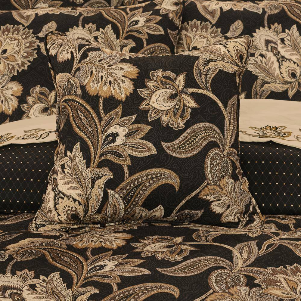 Montecito Black and Beige Floral Square Throw Pillow