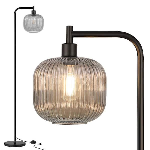 67 in. Modern Brushed Black Standing Arc Floor Lamp for Living Room Standing Lamp w/Gray Ribbed Glass Shade Pedal Switch