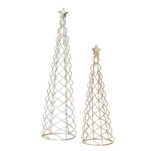 17 and 23.5 in. Gold Outdoor Lighted Cone Tree (Set of 2)
