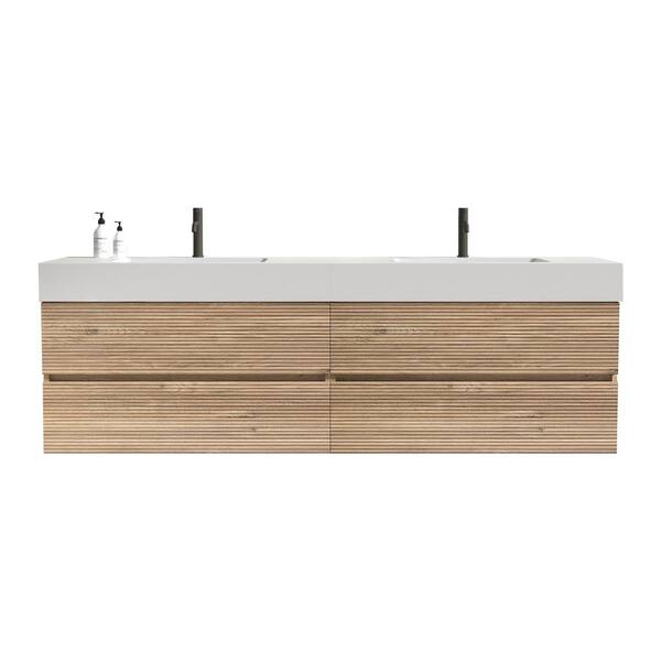72 in. Wall Mounted Oak Bath Vanity with White solid surface Top Unassembled