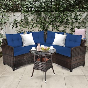 4-Pieces Rattan Patio Furniture Set Outdoor Sectional Sofa Set with Navy Cushions