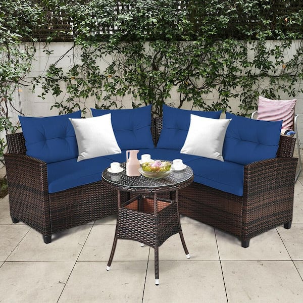 4-Pieces Rattan Patio Furniture Set Outdoor Sectional Sofa Set with Navy Cushions