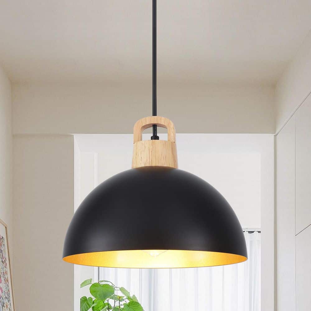 ZJVAIVE 1 Light Black Wood Industrial Dome Pendant for Dining Room