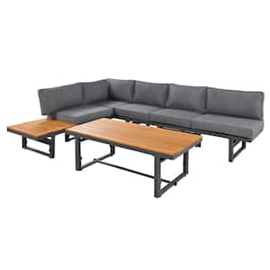 Grey Metal 3-Pieces Outdoor Patio Sectional Sofa Set with Grey Cushions and 1-Coffee Table