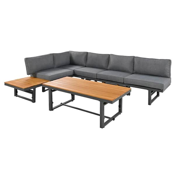 Zeus & Ruta Grey Metal 3-Pieces Outdoor Patio Sectional Sofa Set with Grey Cushions and 1-Coffee Table
