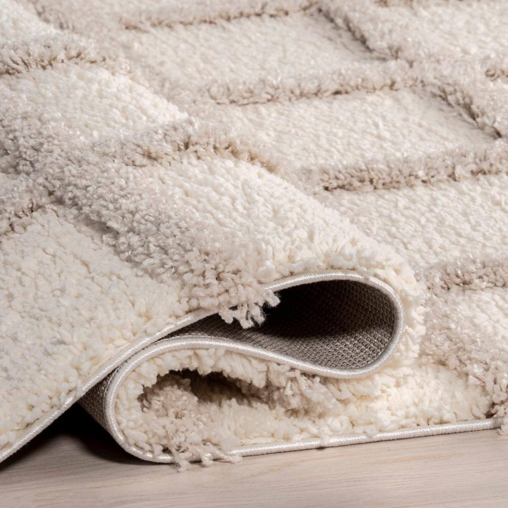 Beige and Gray Checkered Synthetic Shag Area Rug, 4' x 6'