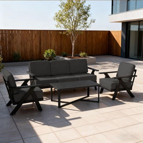 4-Piece Aluminum & Iron Outdoor Patio Conversation Set with Herringbone Armrests and Gray(Box 2 of 3)