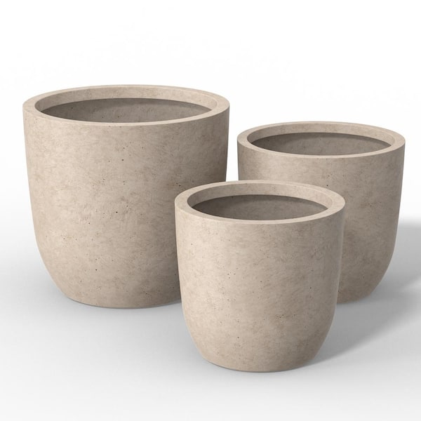 13.5 in., 17 in., 20.5 in. Dia Light Gray Large Tall Round Concrete Plant Pot / Planter for Indoor and Outdoor Set of 3