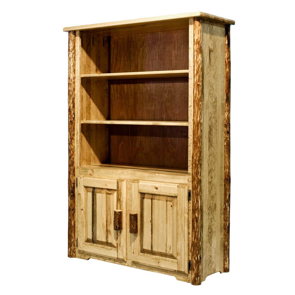 Rustic Brown Solid Pine Wood Bookcase with Doors