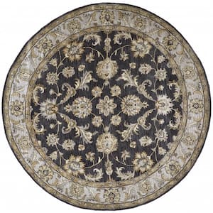 8' Round Gray and Ivory Floral Area Rug