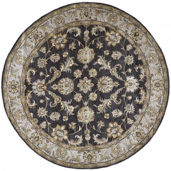 HomeRoots 8' Round Gray and Ivory Floral Area Rug 2000511269 - The Home ...