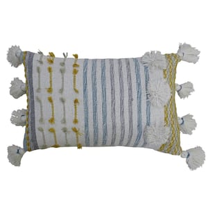 Designer Striped Pillow with Large Poms and Tassels 14 in. x 20 in.