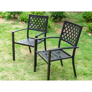 Black 6-Piece Metal Outdoor Patio Dining Set with Umbrella and Slat Square Table and Elegant Stackable Chairs