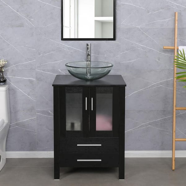 eclife 24 in. W x 20 in. D x 32 in. H Single Sink Bath Vanity in Black with Clear Glass Vessel Sink Top Chrome Faucet Set