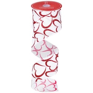 Glitter Hearts Valentine's Wired Craft Ribbon - 2.5 in. x 10 Yards - White and Red