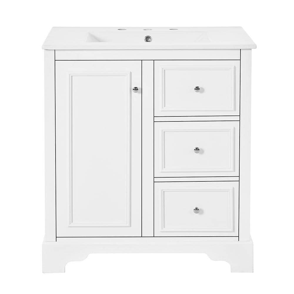 30 in. W Freestanding Bath Vanity Cabinet in White with White Ceramic Basin