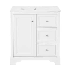 30 in. W Freestanding Bath Vanity Cabinet in White with White Ceramic Basin Top, 3-Drawers and Adjustable Shelves