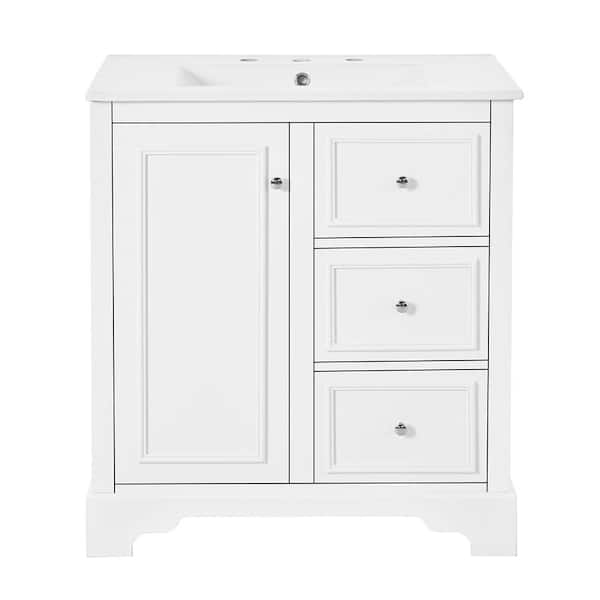 Adrinfly 30 in. W Freestanding Bath Vanity Cabinet in White with White Ceramic Basin Top, 3-Drawers and Adjustable Shelves