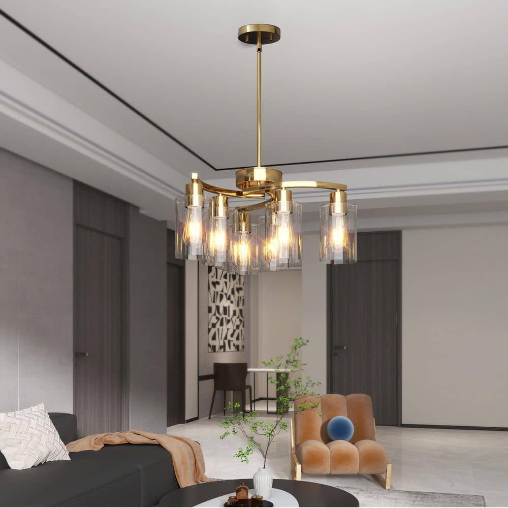6-Light Gold Modern Farmhouse Clear Glass Drum Chandelier for Dining Room Kitchen Island with No Bulbs Included price history on PriceWatchPro