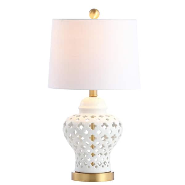 Quatrefoil Fretwork 20.5 in. Pierced Ginger Jar Ceramic/Metal LED Table Lamp, White/Brass Gold