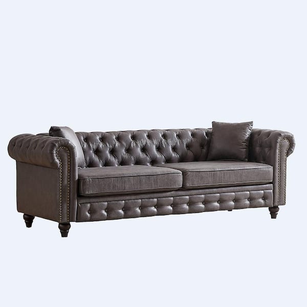 Z-joyee 85.5 in Wide Rolled Arm Faux Leather Rectangle Modern Upholstered Sofa in Gray