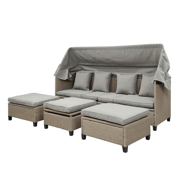SUNRINX 4-Piece Wicker Patio Outdoor UV-Proof Couch Set with Retractable Canopy