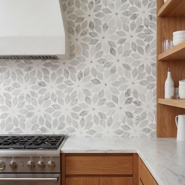 Thistle White 12.4 in. x 14.13 in. Polished Marble Mosaic Tile (1.21 sq. ft./Sheet)