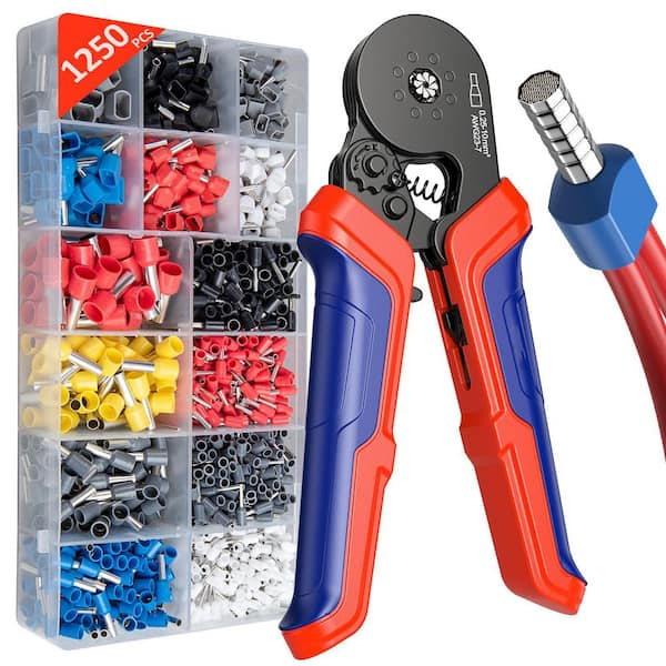 Complete Ferrule Crimping Tool Set with 1250 PCS Connectors, Adjustable Ratchet Pliers for AWG 23-7