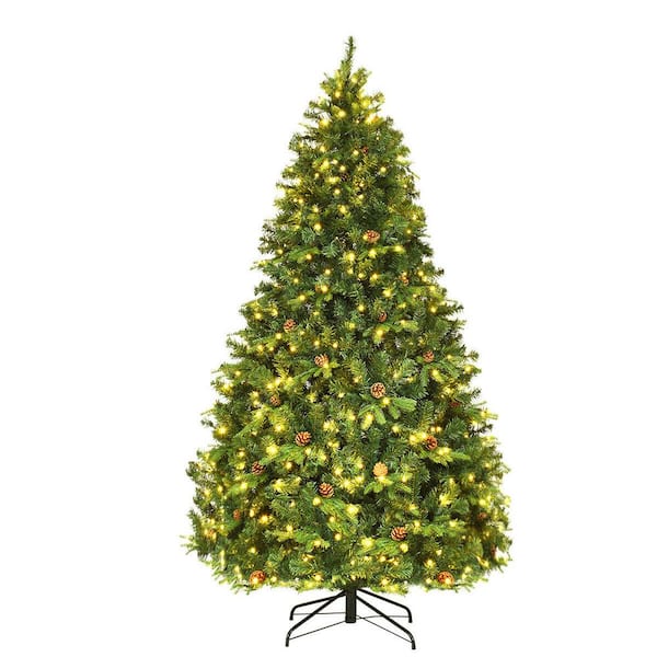 Costway 7 ft. Pre-Lit Artificial Christmas Tree Hinged with 460 LED Lights and Pine Cones