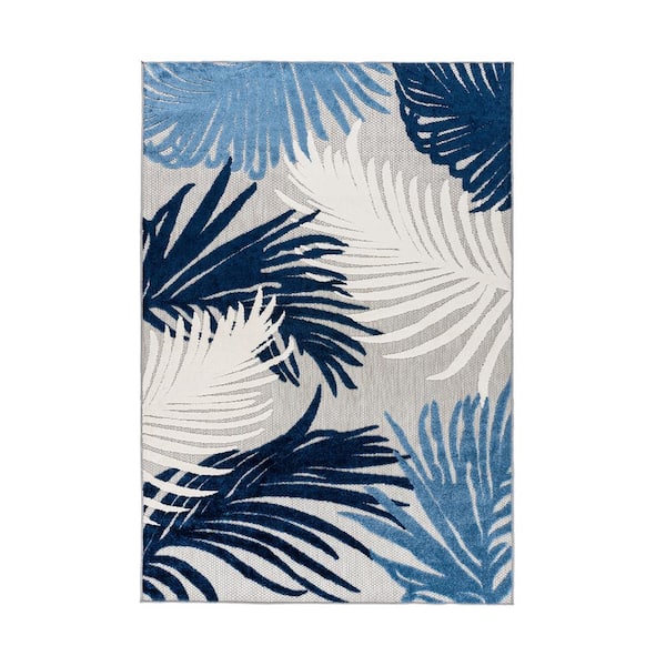 Contemporary Tropical Large Floral Navy 4 ft. x 6 ft. Indoor/Outdoor Area Rug