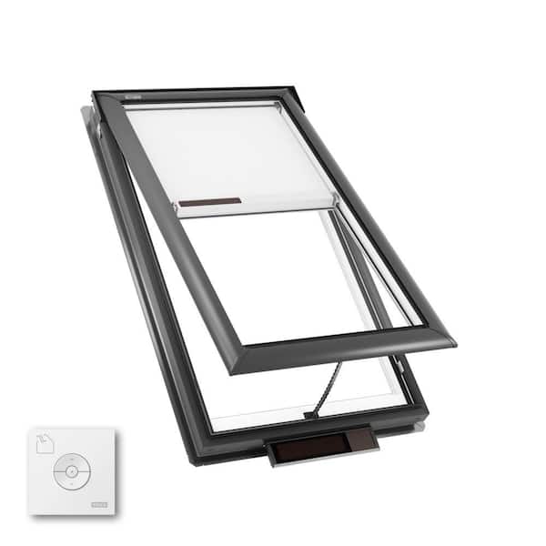 VELUX 30-1/16 in. x 54-7/16 in. Solar Powered Venting Deck Mount Skylight w/ Laminated Low-E3 Glass White Room Darkening Shade