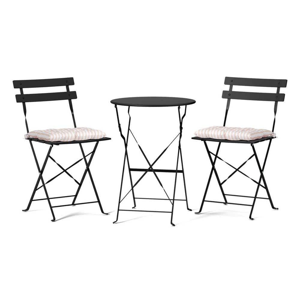 Black 3-Piece Metal Outdoor Bistro Set Folding Table and Chairs with Cushions price history on PriceWatchPro