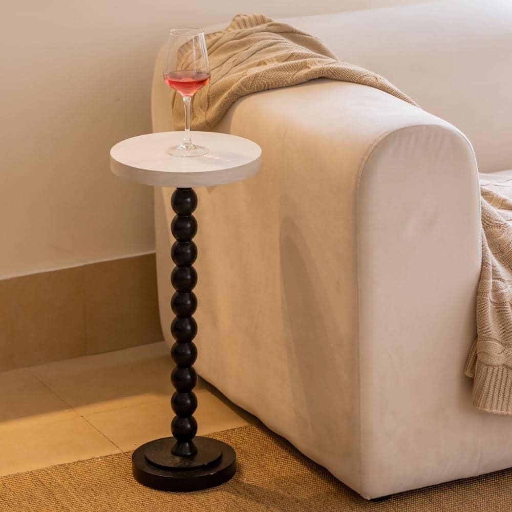 Small Round White and Black Wood Pedestal End Table