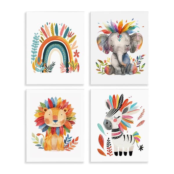 Stupell Industries Rainbow Feather Animals by LSR Design Studio 4 Pieces Unframed Animal Graphic Art Print 14 in. x 11 in.