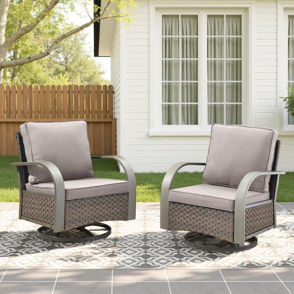 Terraze Brown 2-Piece Wicker Outdoor Rocking Chair Patio Swivel Glider with Olefin Gray Cushions for Backyard, Porch