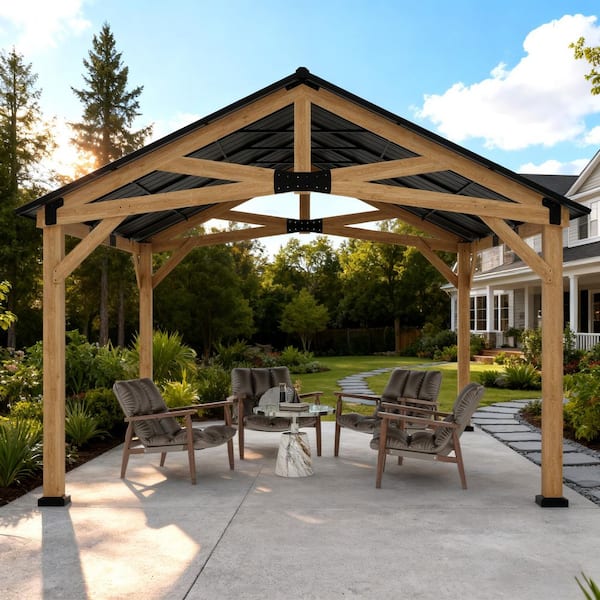 13 ft. x 15 ft. Wood Hardtop Outdoor Patio Gazebo with Galvanized Steel Roof and Ceiling Hook