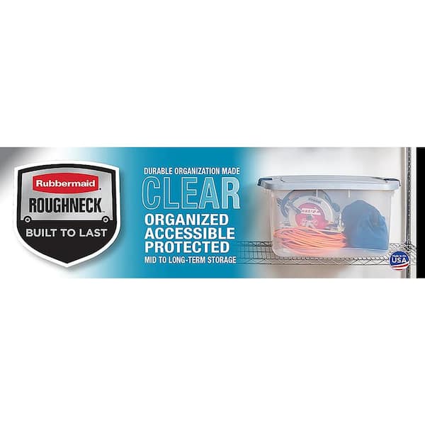 Rubbermaid Roughneck 95 Qt/23.75 Gal Stackable Storage Containers, Clear w/Latching Grey Lids, 4-Pack, Clear/Grey