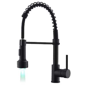 Commercial LED Kitchen Sink Faucet With Pull Down Sprayer Single Hole Kitchen Faucets 1 Handle Spring Taps Matte Black