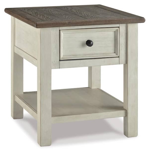 Bolanburg 24 in. White / Dark Brown Rectangle Wood End Table with Drawer and Lower Shelf