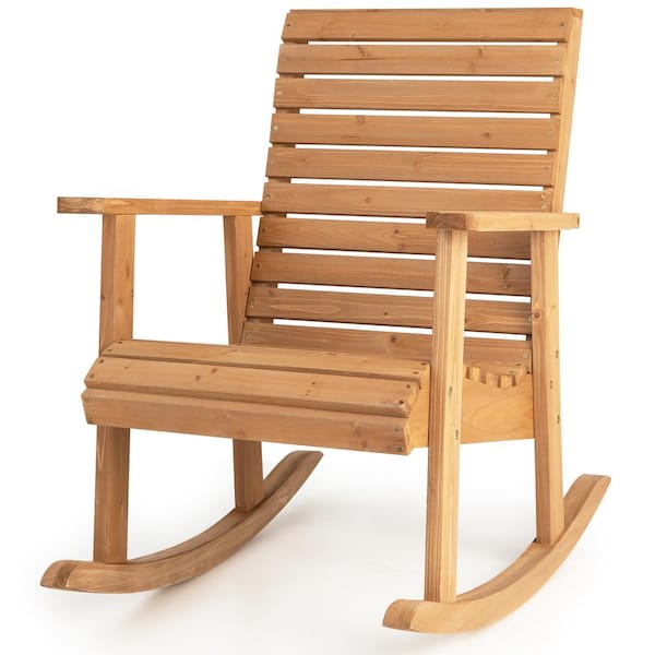 Gymax Natural Wooden Outdoor Rocking Chair High Back Fir Wood Armchair Yard Patio