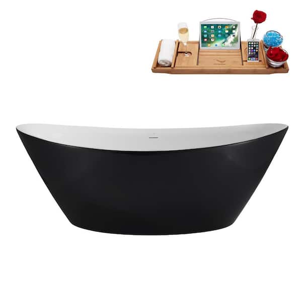 71 in. x 33 in. Acrylic Freestanding Soaking Bathtub in Glossy Black With Brushed Nickel Drain