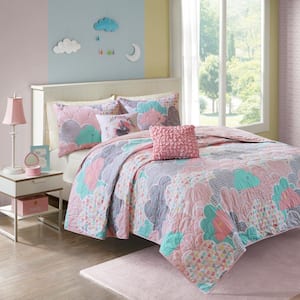 Bliss 5-Piece Pink Full/Queen Cotton Reversible Coverlet Set