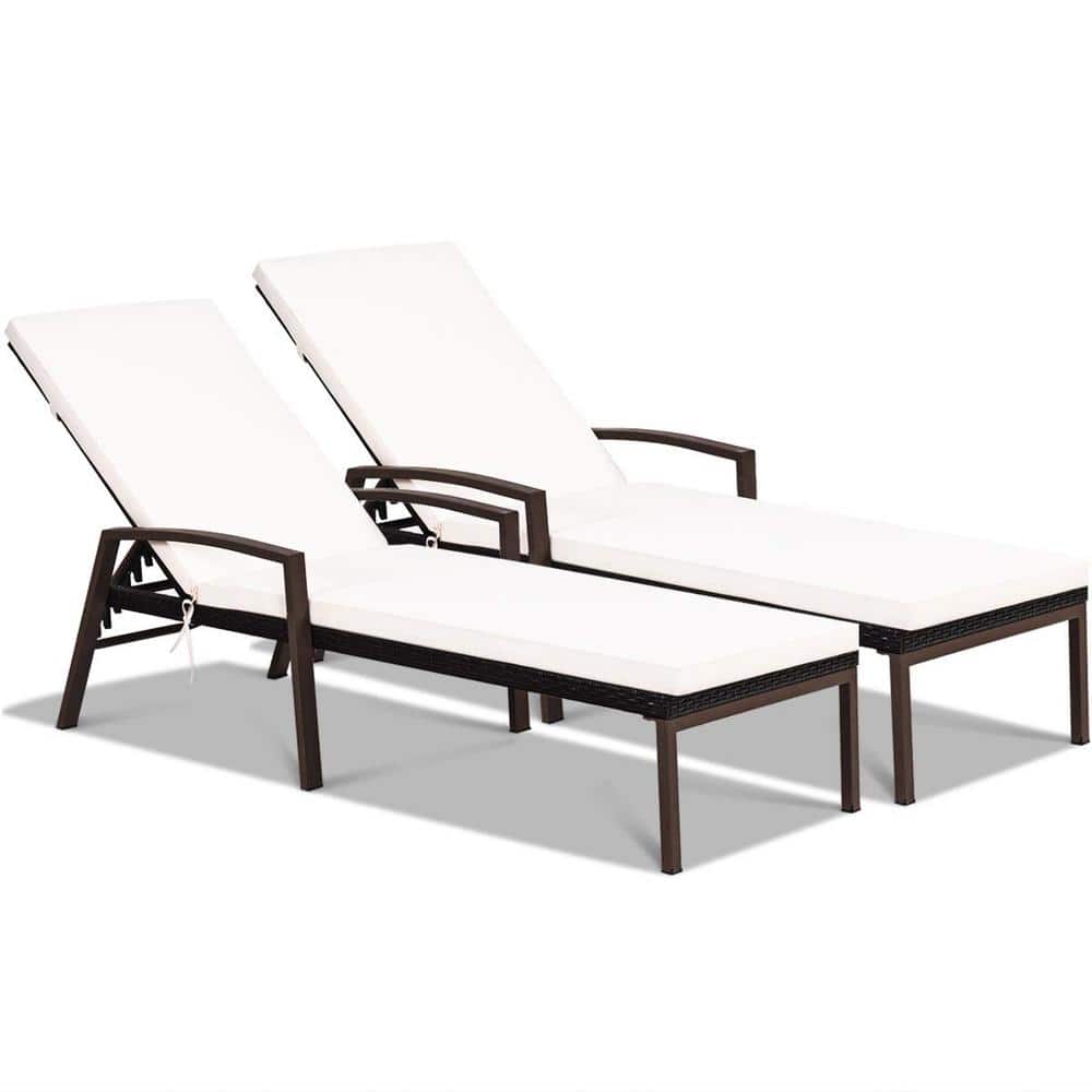 Adjustable Brown Wicker Outdoor Patio Chaise Lounge with Armrest and White 