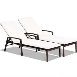 Adjustable Brown Wicker Outdoor Patio Chaise Lounge with Armrest and White Cushions (2-Pack)